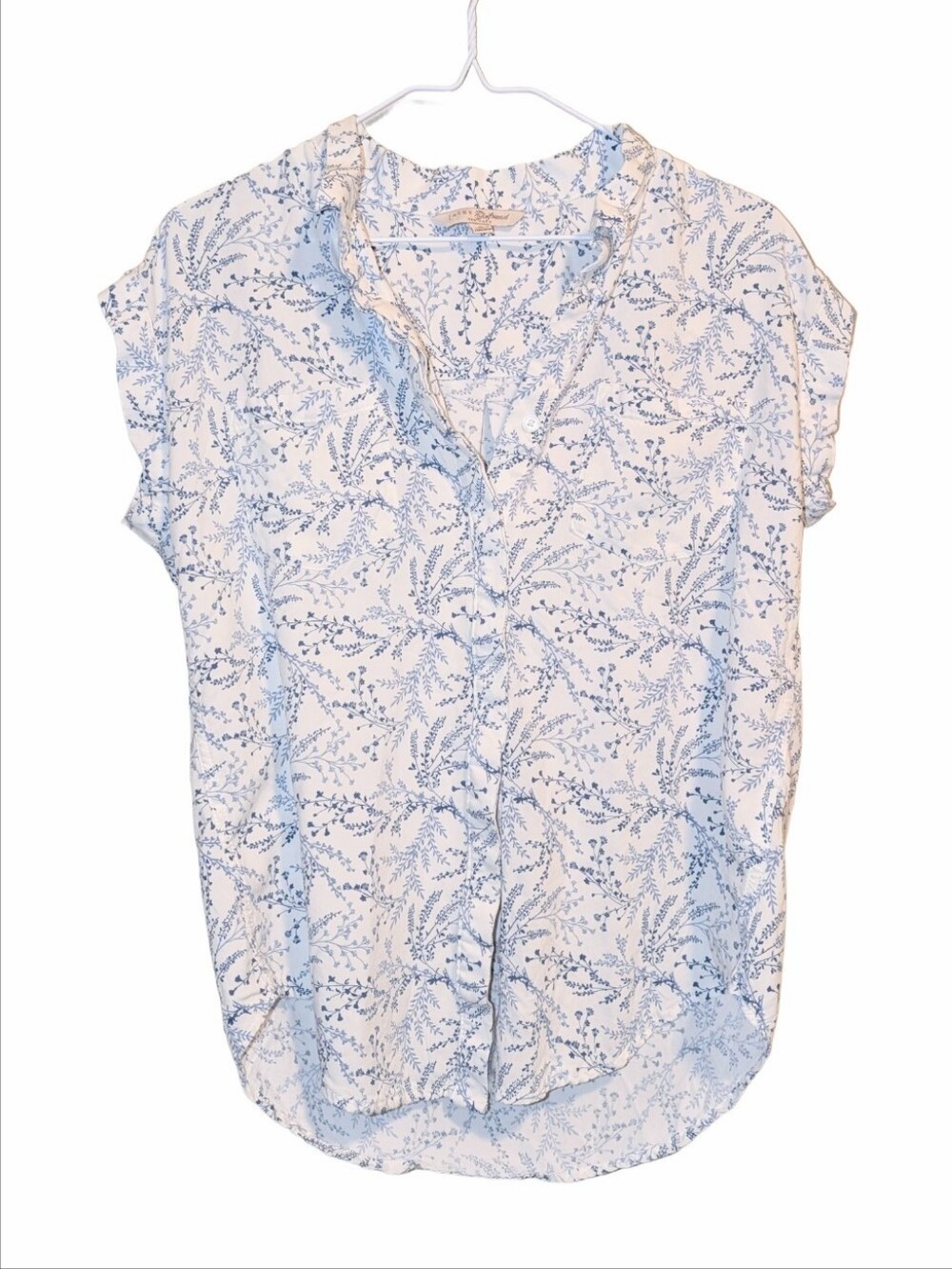 White & Blue Floral Printed Short Sleeve Blouse